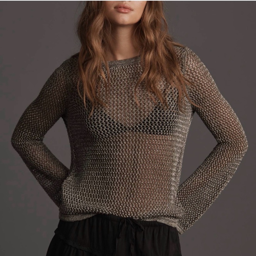 Anthropologie Metallic Mesh Open-Stitch Sweater